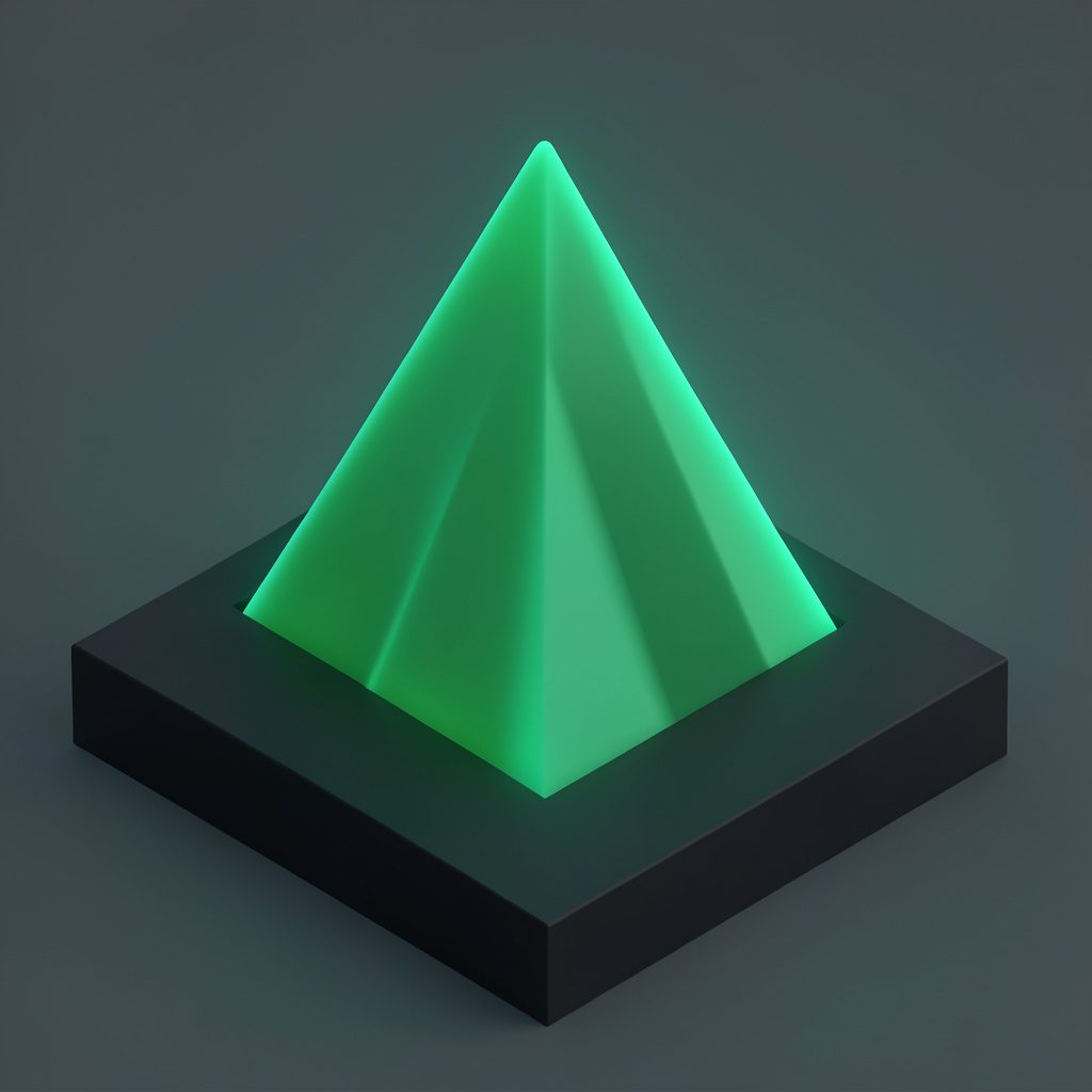 Isometric 3D render of a stylized mountain peak with glowing teal edges rising from a dark geometric base