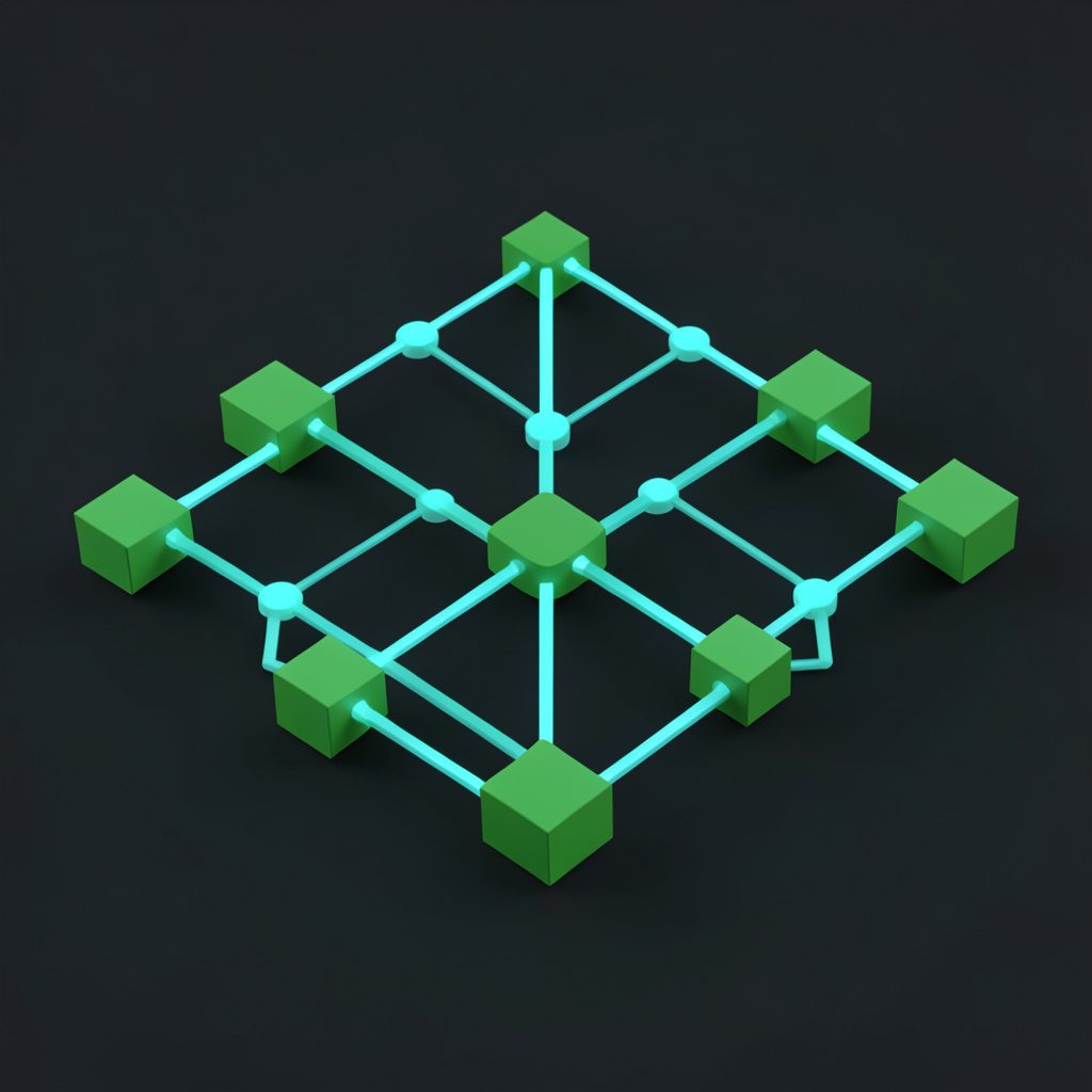 Isometric 3D render of interconnected geometric nodes with teal glowing connections on a dark background, suggesting a digital learning network