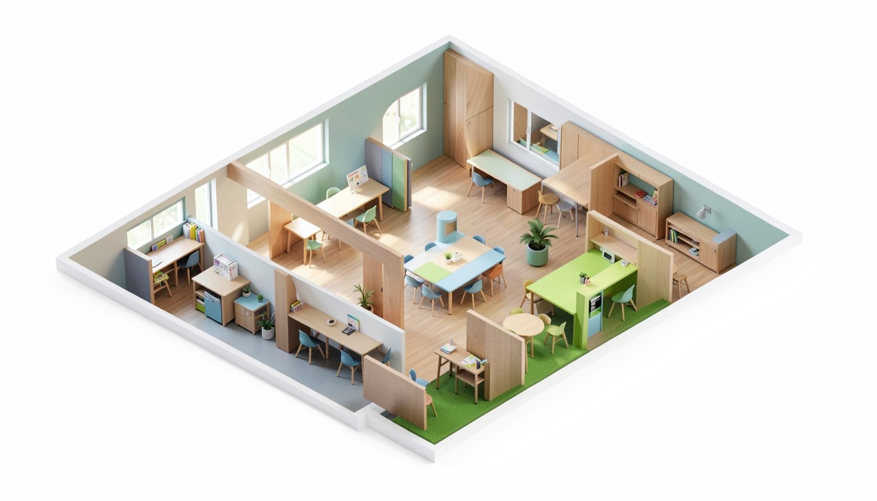 Isometric 3D render of a modern open-plan learning commons with warm wood tones, soft blue accents, and gentle natural light filtering through large windows