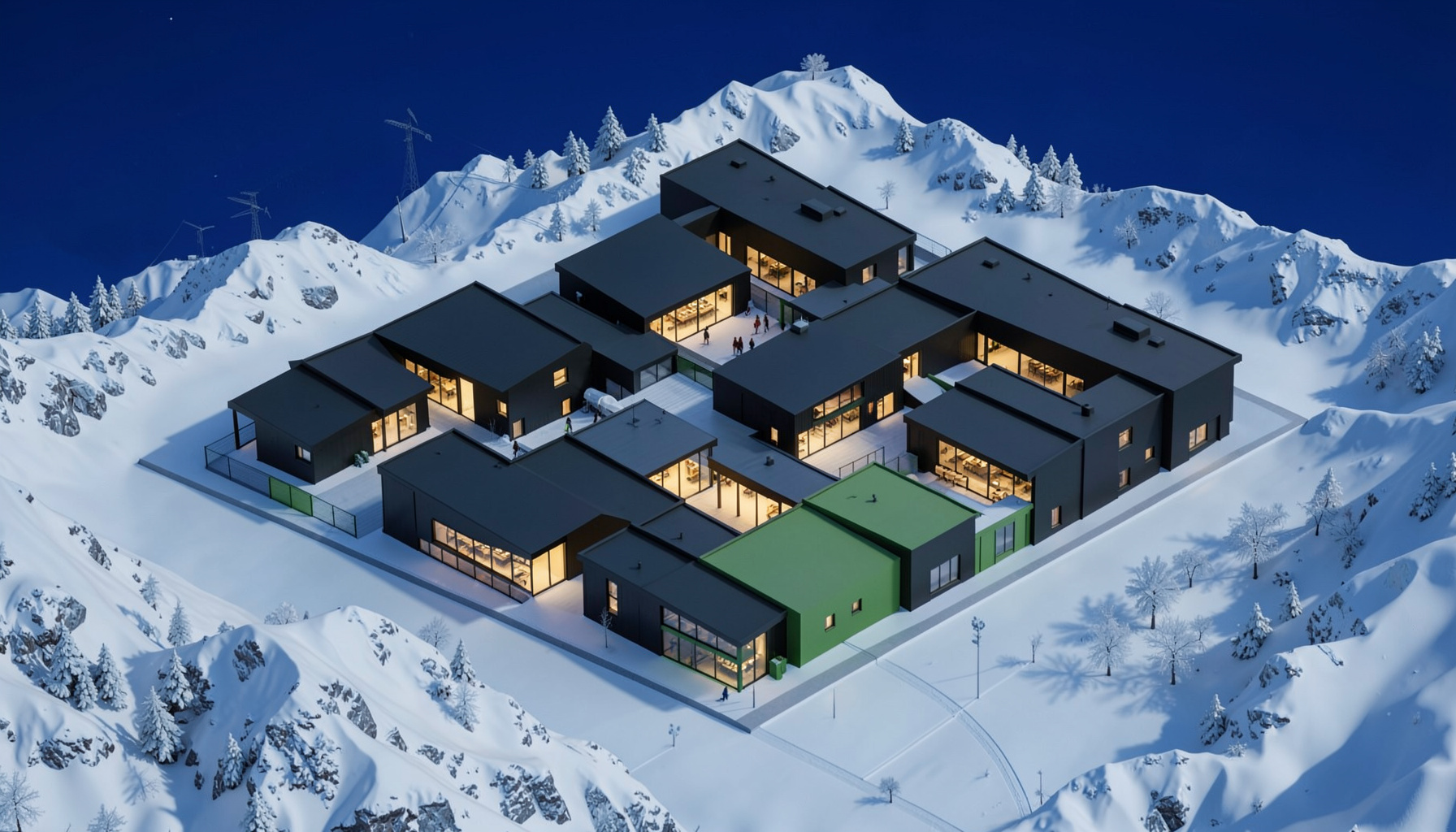 Isometric 3D render of a sleek modern ski academy campus nestled in snowy mountains, with dark angular buildings, warm interior glow, and crisp alpine atmosphere under a deep blue sky