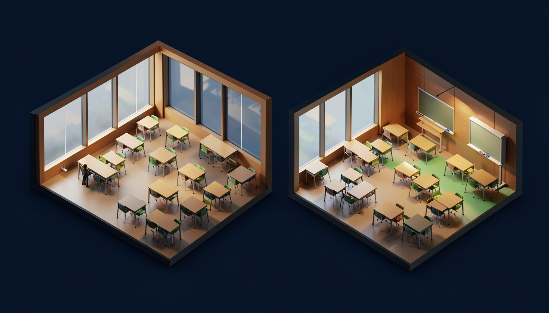 Isometric 3D render of a modern classroom and training facility side by side, with warm wood tones, large windows, and a calm, focused atmosphere in deep navy and soft gold