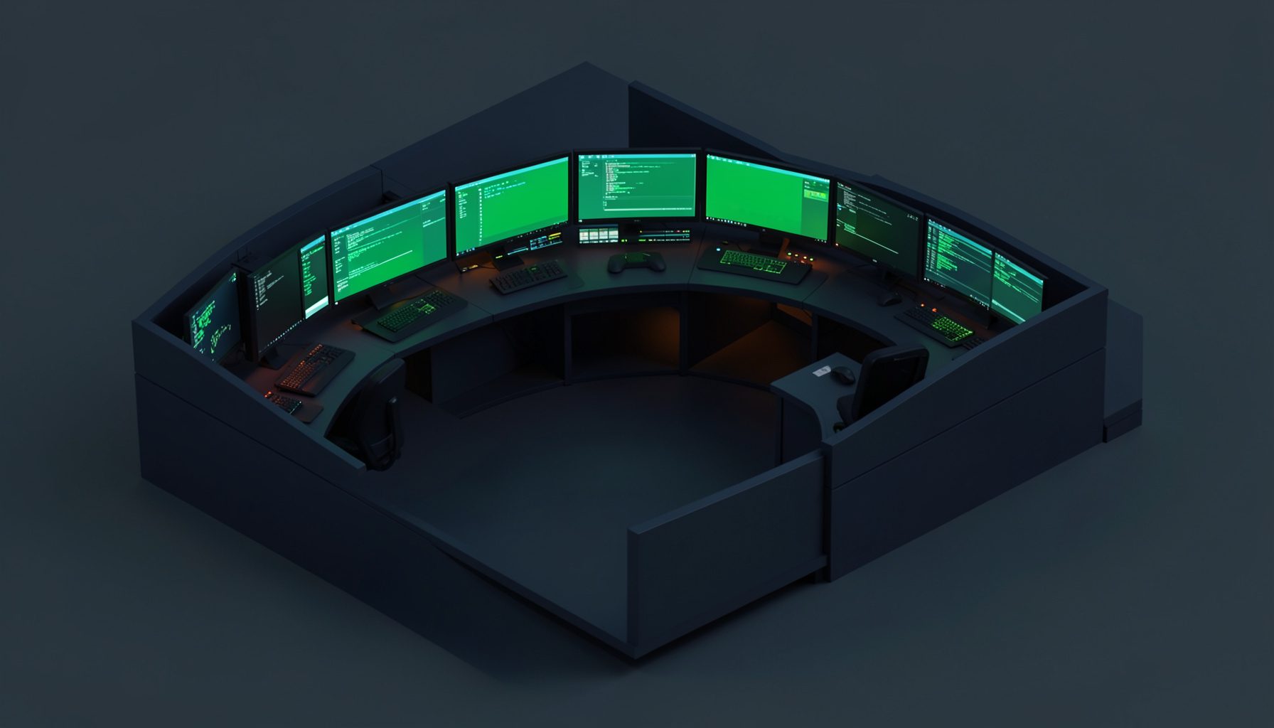 Isometric 3D render of a dark broadcast control room with glowing monitor screens arranged in a curved array, deep navy and charcoal tones with subtle amber accent lights